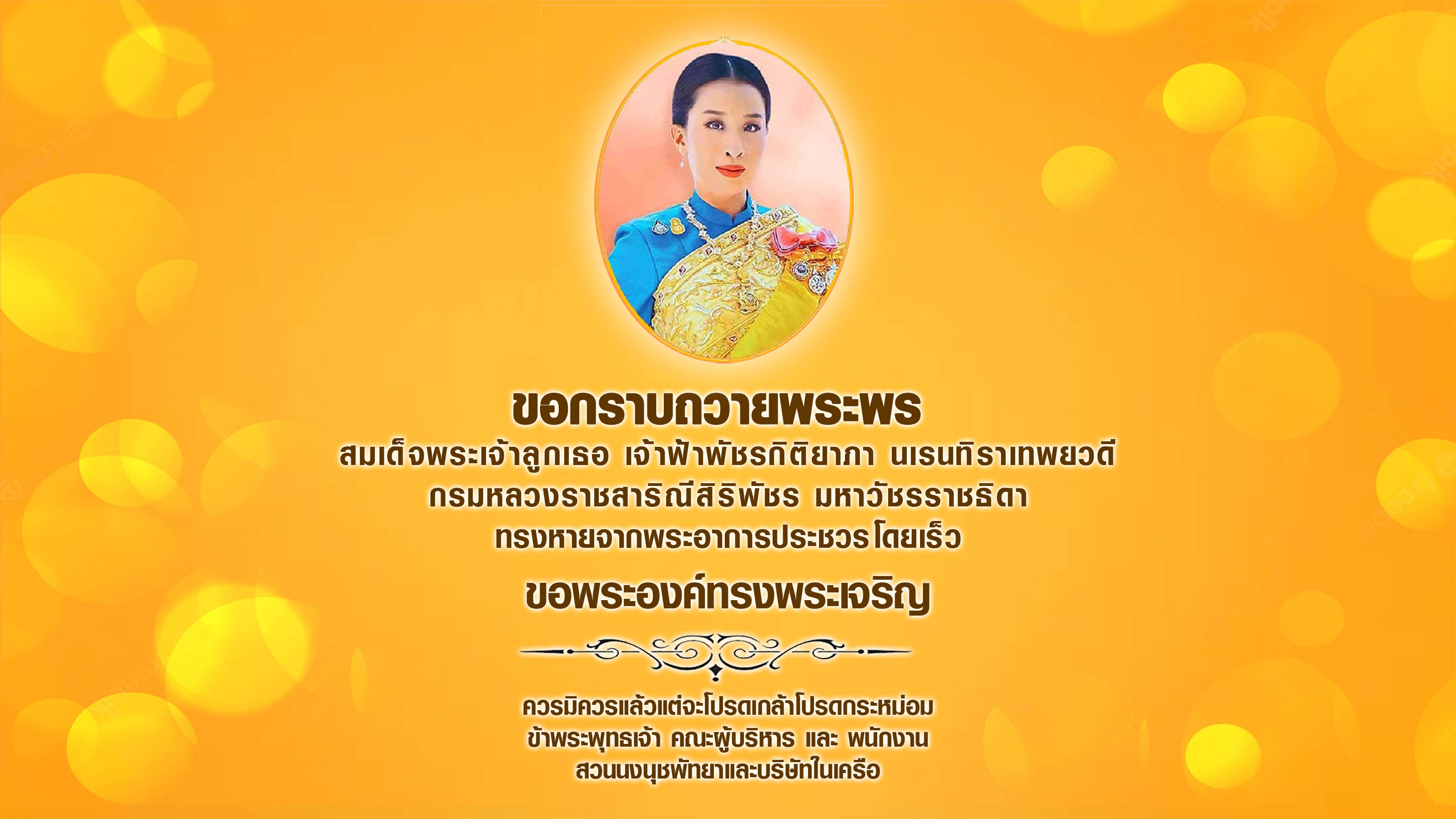 ขอกราบถวายพระพร สมเด็จพระเจ้าลูกเธอ เจ้าฟ้าพัชรกิติยาภา นเรนทิราเทพยวดี กรมหลวงราชสาริณีสิริพัชร มหาวัชรราชธิดา ทรงหายจากพระอาการประชวรโดยเร็วขอพระองค์ทรงพระเจริญ